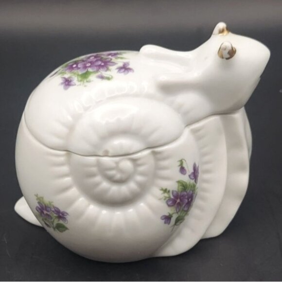 Vintage Lefton Handpainted Violets Porcelain Bone China Snail Trinket Box 1958 - Picture 2 of 8